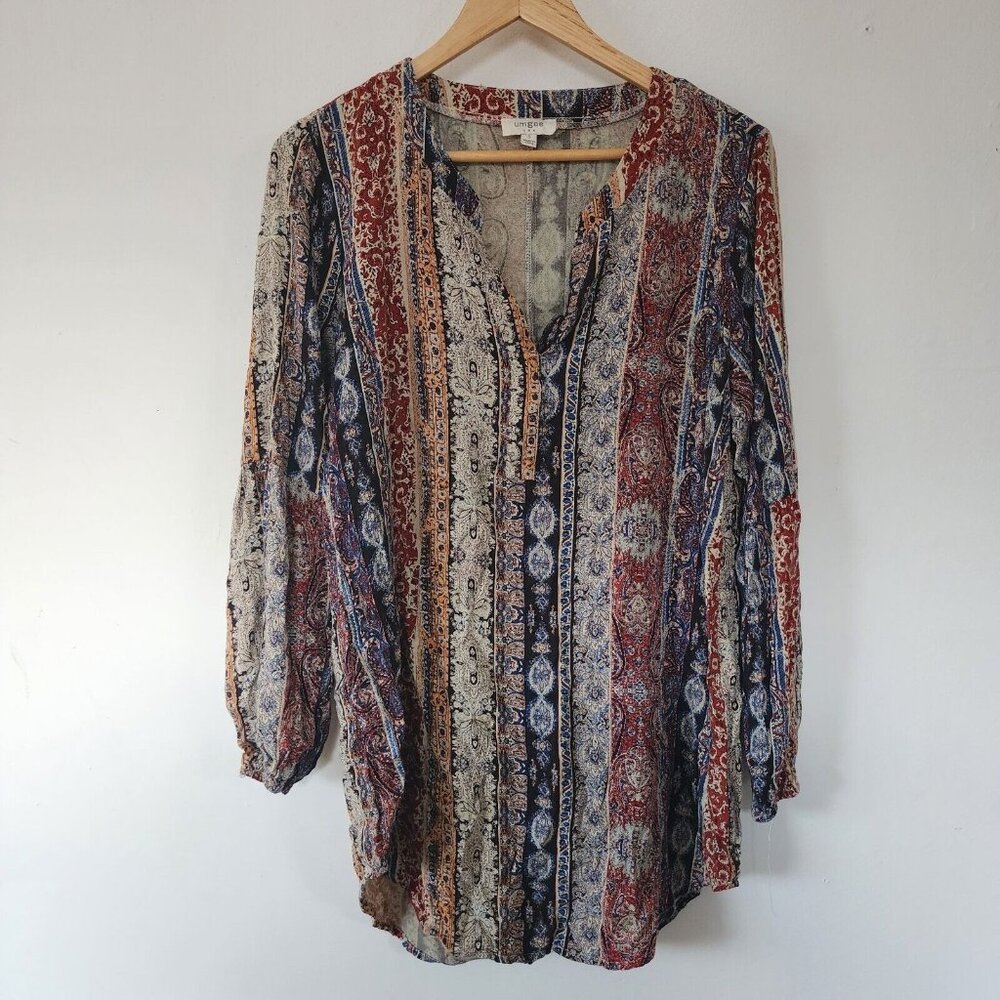 Umgee Usa Cotton Flowy Shirt Small Geometric Tunic V Neck